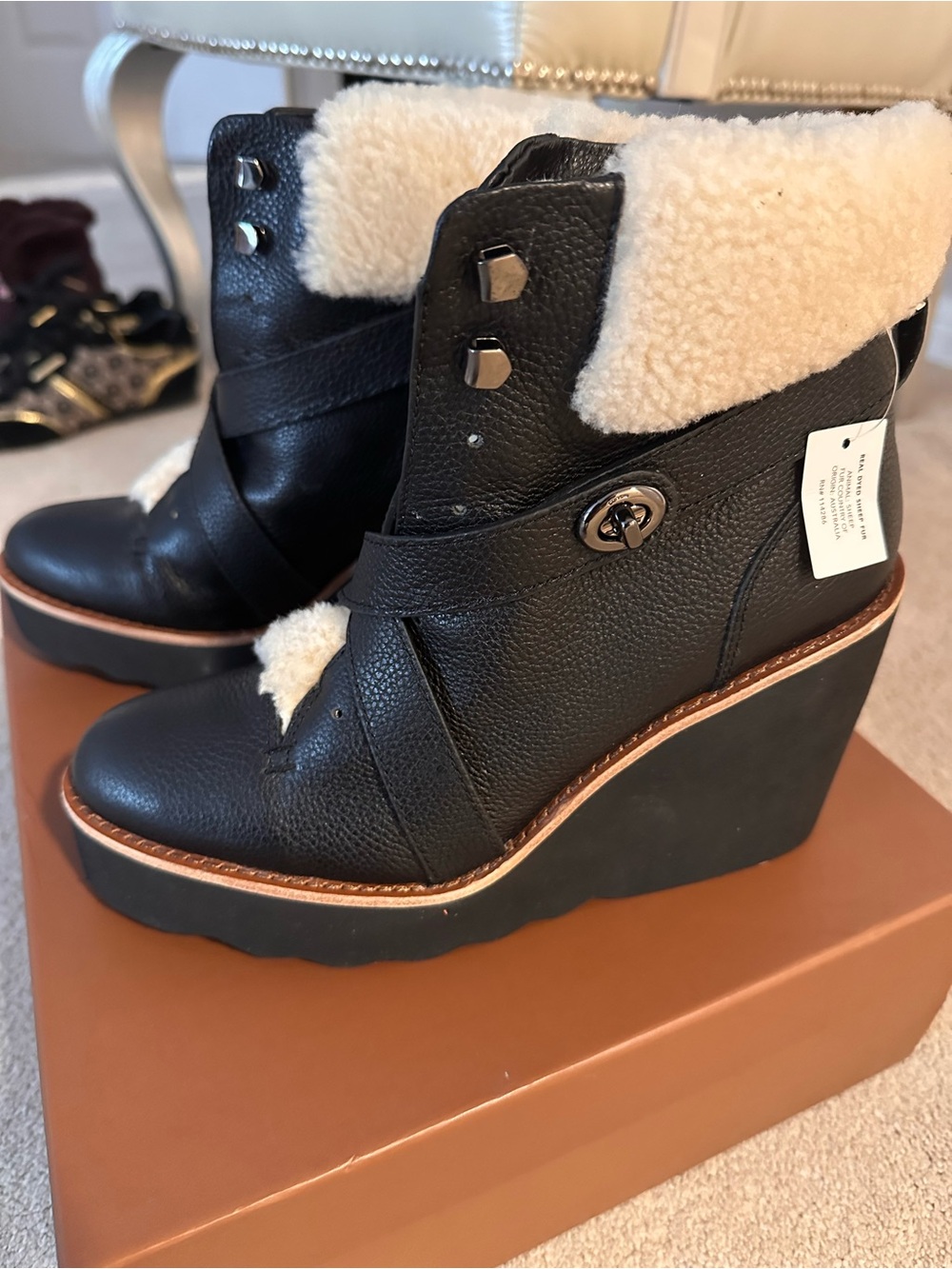 Coach Black Wedge Ankle Boots with Cream Shearling Trim
